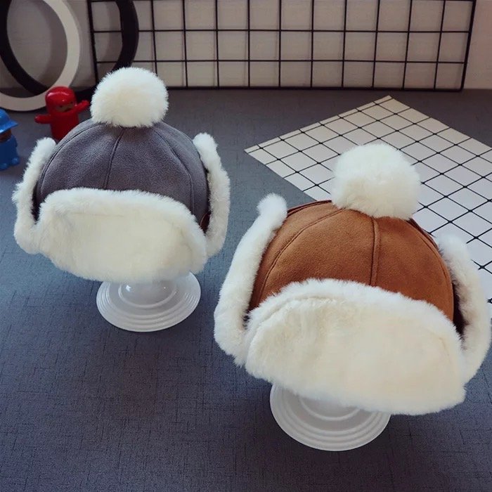 Kids windproof trapper hat with faux fur lining, dark gray and brown styles, pom-pom