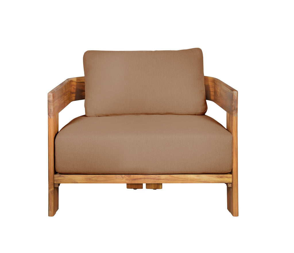Outdoor teak wood chair with light brown upholstered backrest and seat, front view