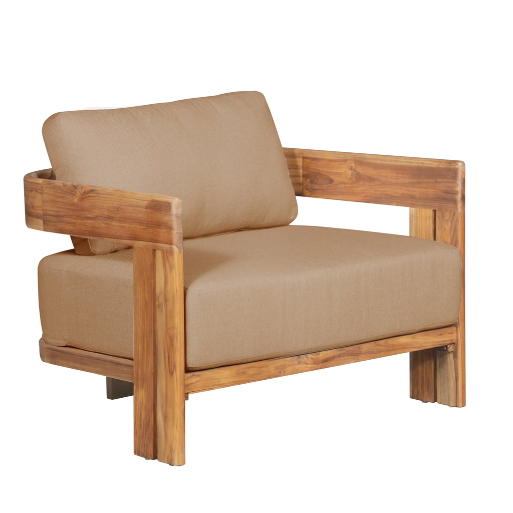 Outdoor teak wood chair with light brown fabric cushions and slatted wood arms