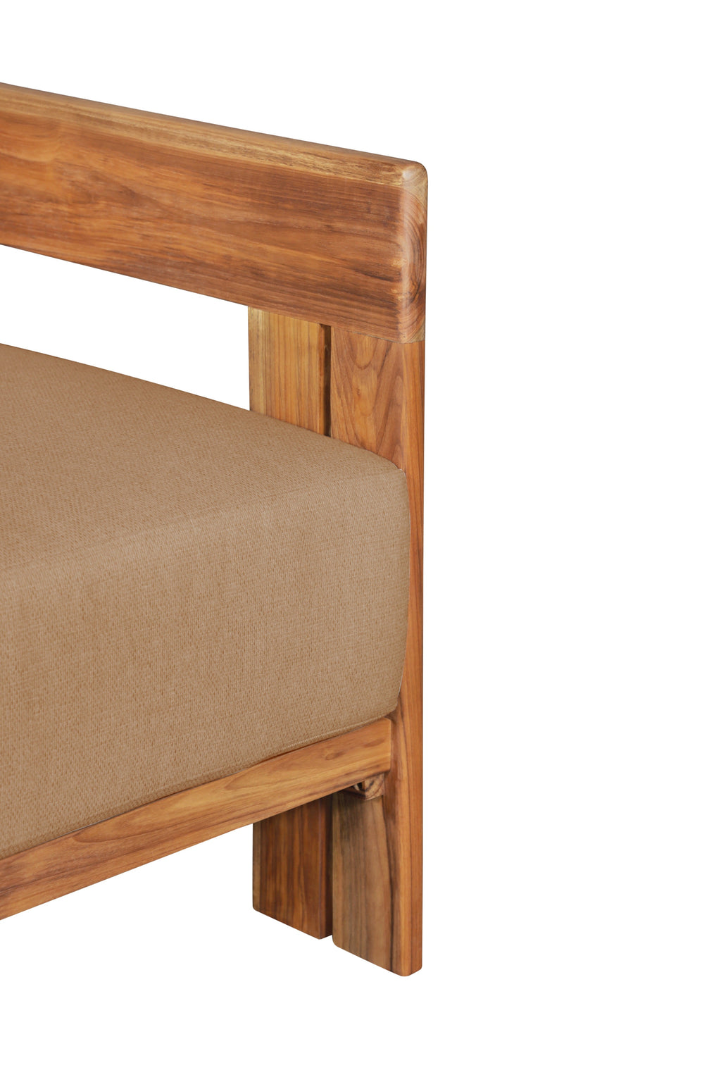 Outdoor teak wood chair with light brown fabric seat and arm, side close-up
