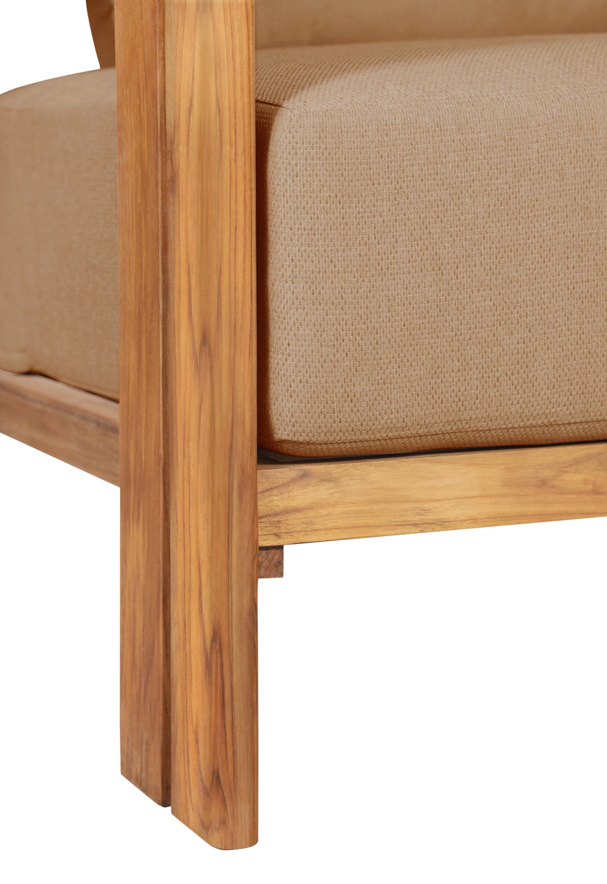 Side close-up of outdoor teak wood chair with light brown textured fabric cushion