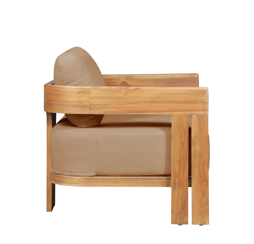 Outdoor teak wood chair with light brown fabric seat and curved back support
