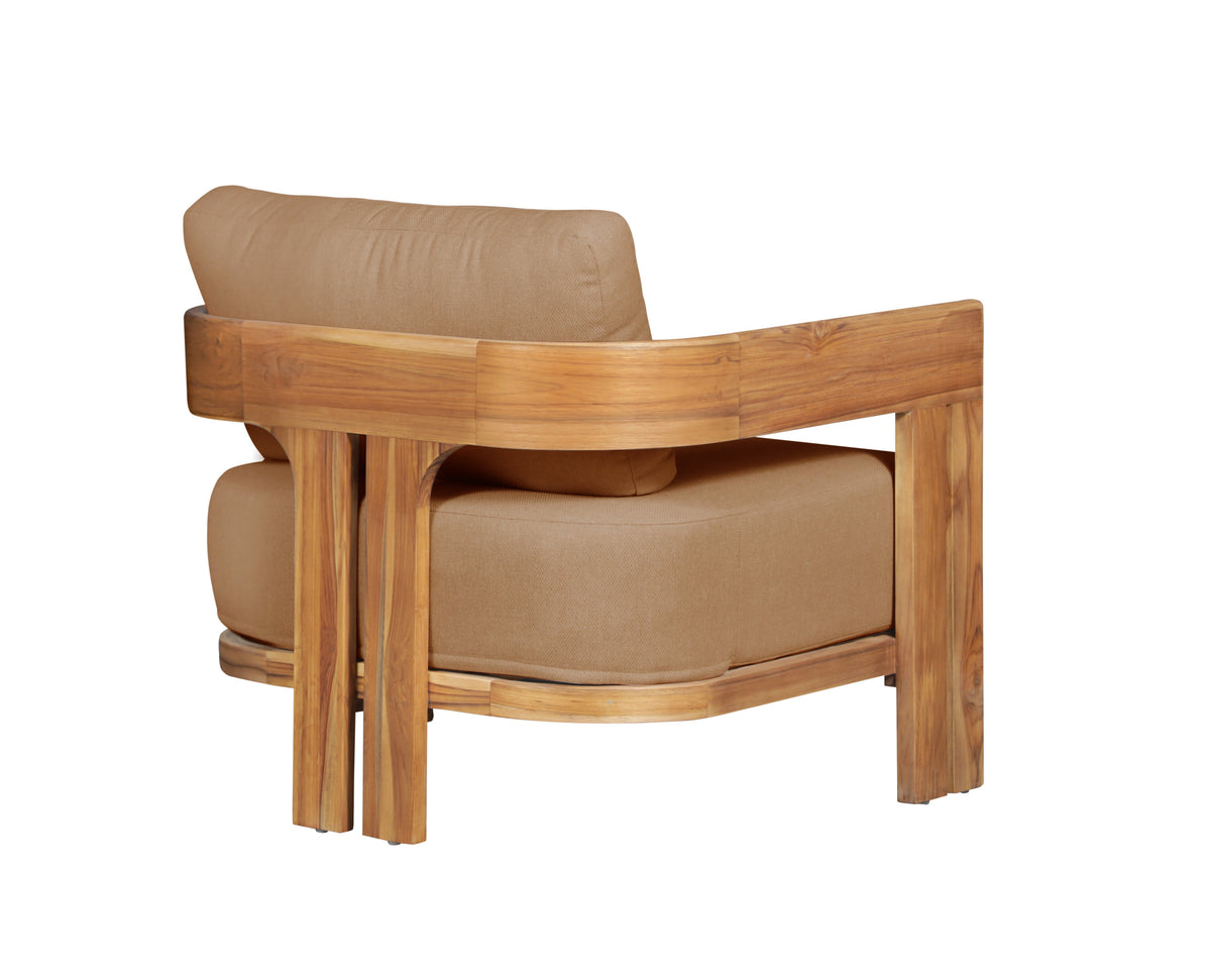 Outdoor teak wood chair with light brown cushion, angled view of arms and back