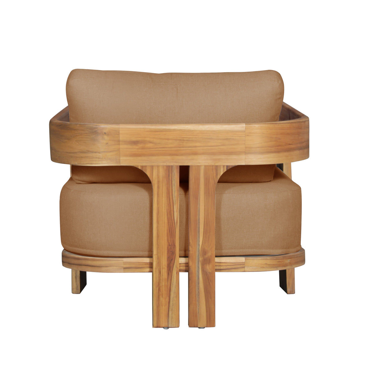 Outdoor teak wood chair with light brown upholstered back and seat, front view