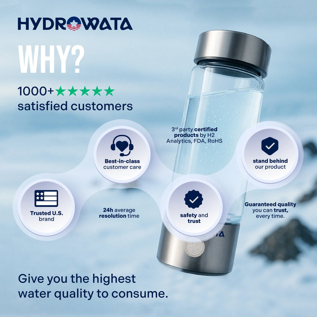 Hydrogen water bottle standing upright, stainless steel with blue sparkling water