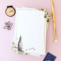 Flight to Neverland memo notepad with dotted page and floral frame around Big Ben