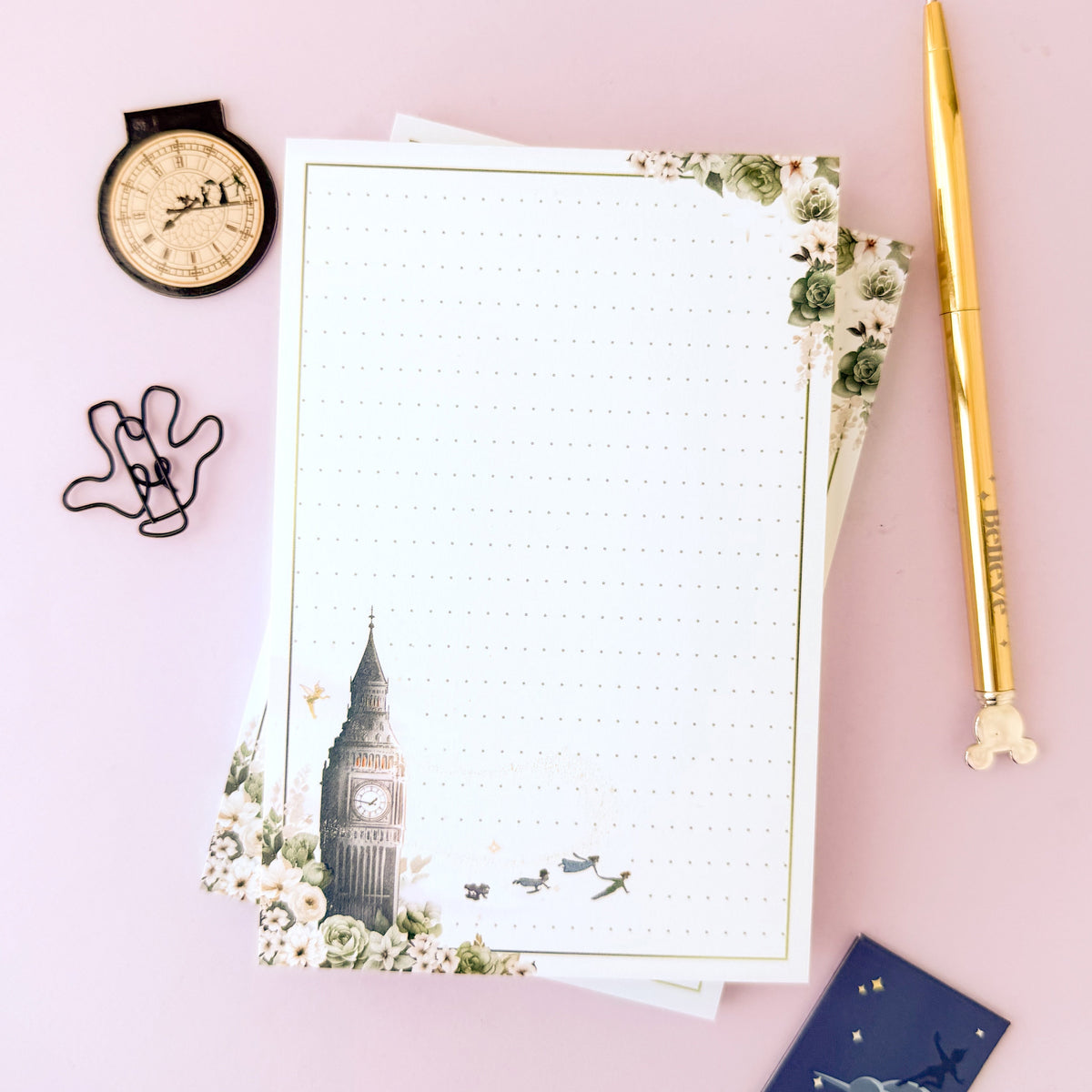 Flight to Neverland memo notepad with dotted page and floral frame around Big Ben