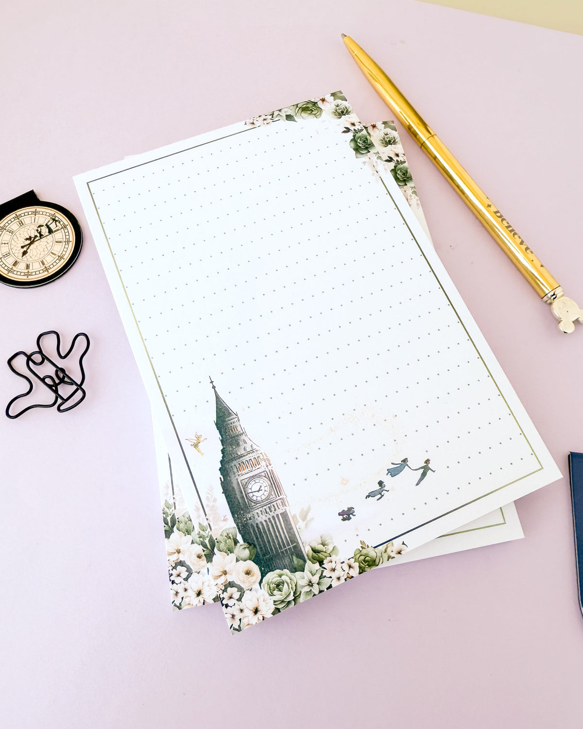 Flight to Neverland memo notepad angled, floral border and Big Ben scene with birds