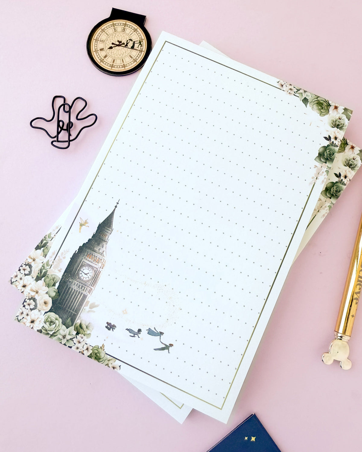Flight to Neverland memo notepad with dotted grid page, floral corners, Big Ben and birds