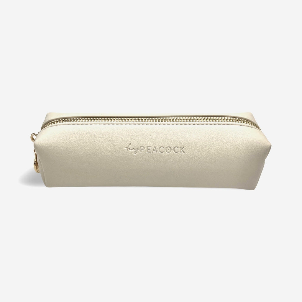 Cream HeyPeacock faux leather pencil pouch with gold zipper and front logo