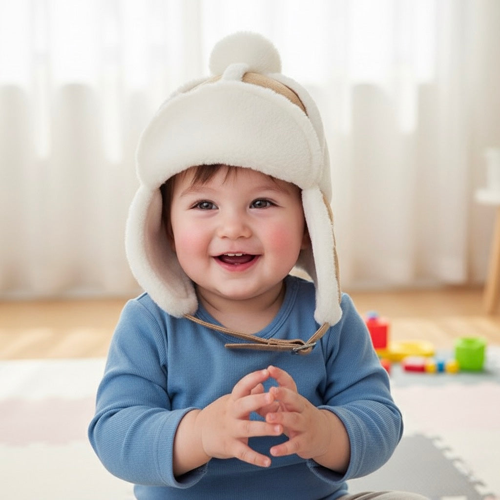 Kids sherpa aviator winter hat with ear flaps, white fleece hood and beige/brown ear lining