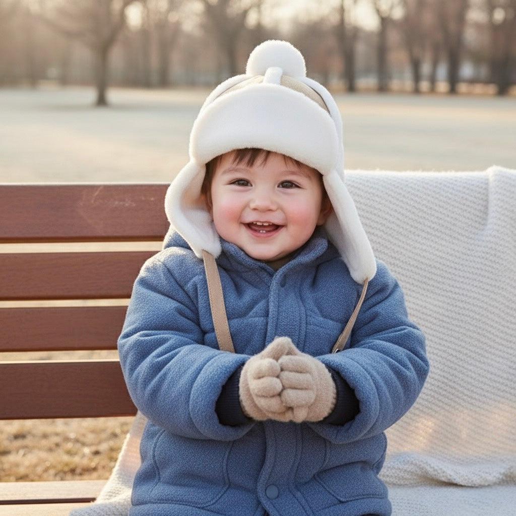 Kids sherpa aviator winter hat with ear flaps, white fleece hood with pom-top detail