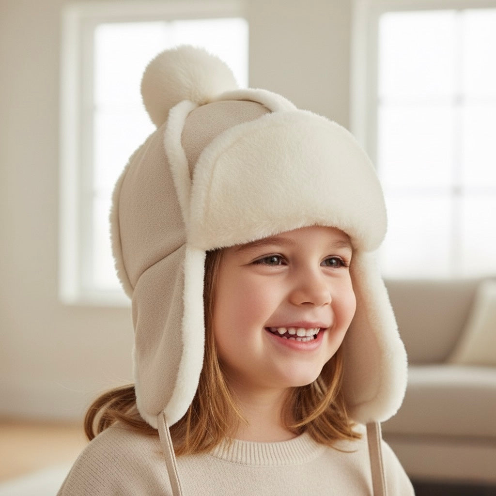 Kids sherpa aviator winter hat with ear flaps, cream/beige fleece hood with plush ear panels