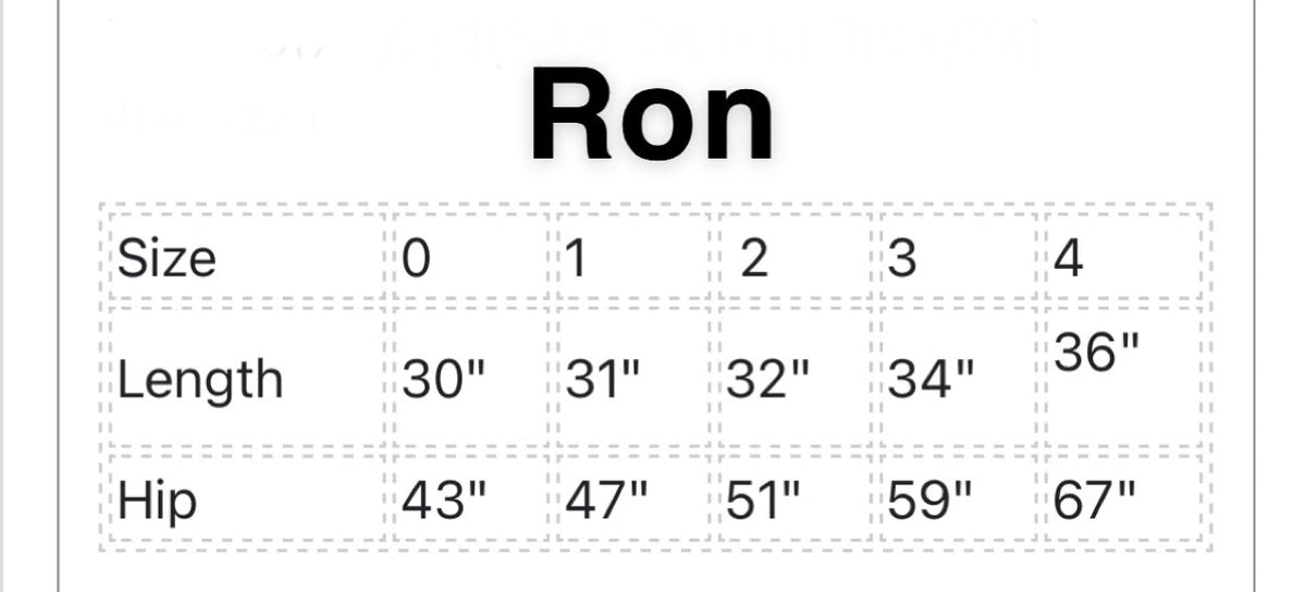 Ron pant size chart showing length and hip measurements for sizes 0 to 4