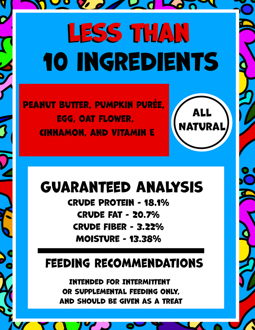 Dog snack ingredient panel: less than 10 ingredients and guaranteed analysis