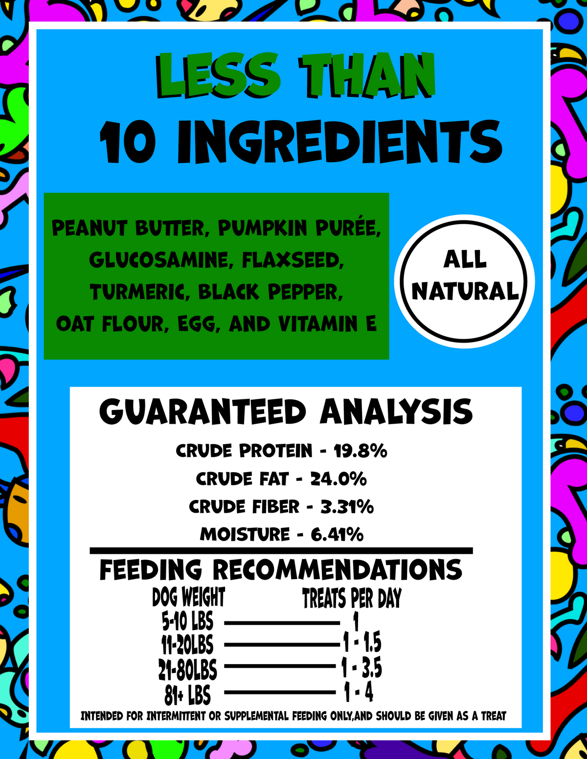 Dog treat supplement facts panel: less than 10 ingredients and guaranteed analysis