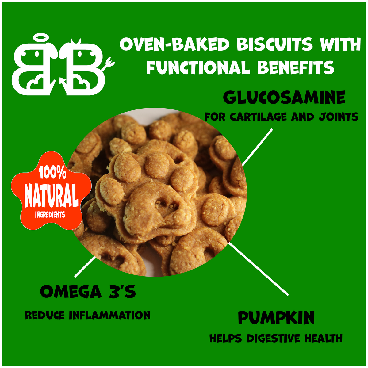 Glucosamine dog biscuit pouch panel showing omega 3 and pumpkin digestive health benefits