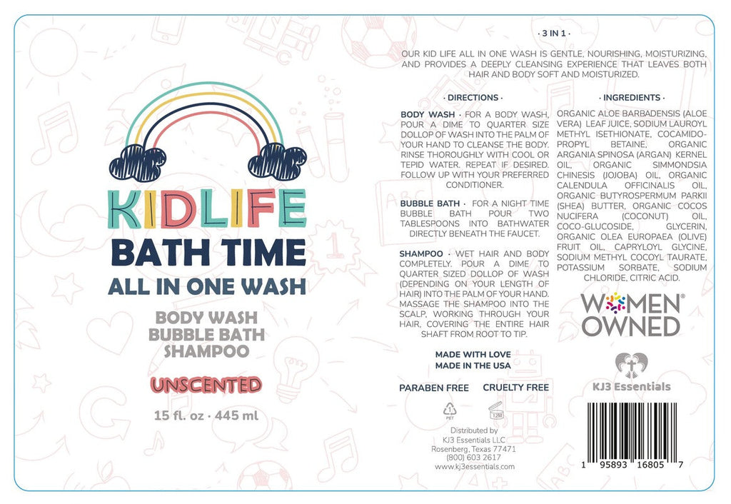 Kidlife Bath Time 3-in-1 unscented back label on bottle with barcode