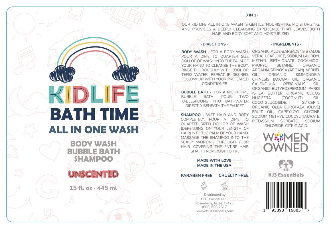 Kidlife Bath Time 3-in-1 unscented back label on bottle with barcode