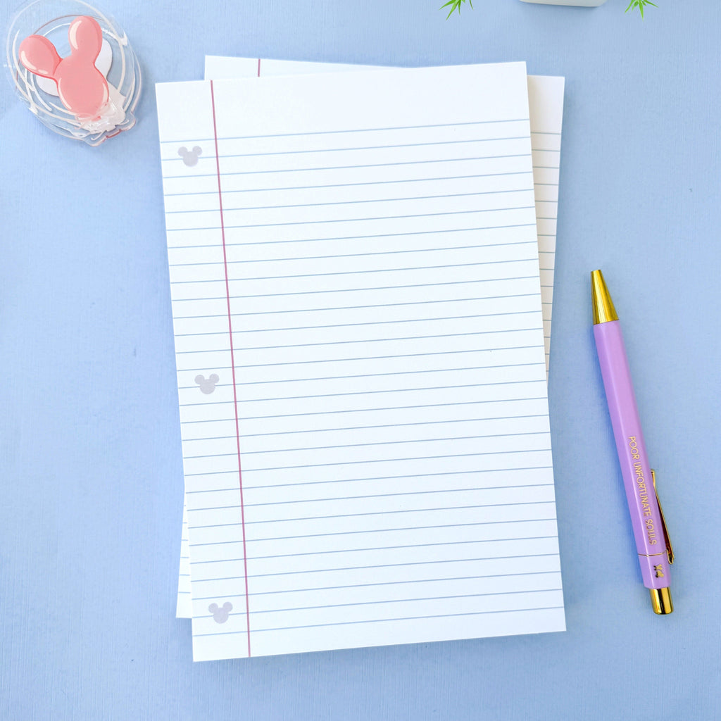 Lined paper notepad with hidden Mickey icons, red margin guide lines, and blank pages