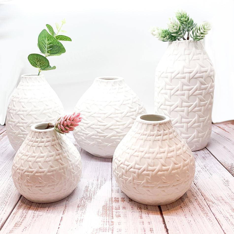 Madison web vases set of 5: woven-textured ceramic vases in white and beige