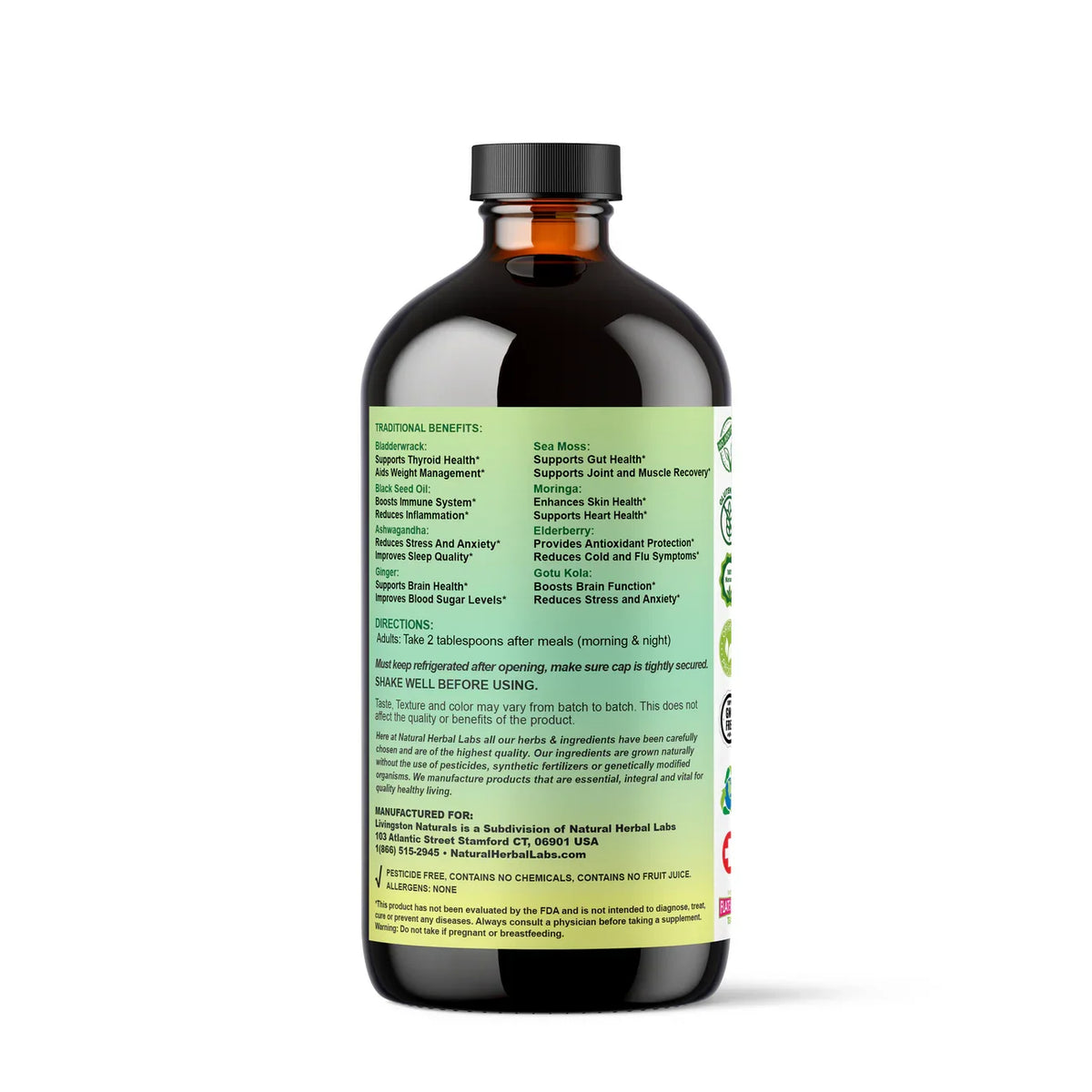 Back of a sea moss supplement bottle showing directions and product information