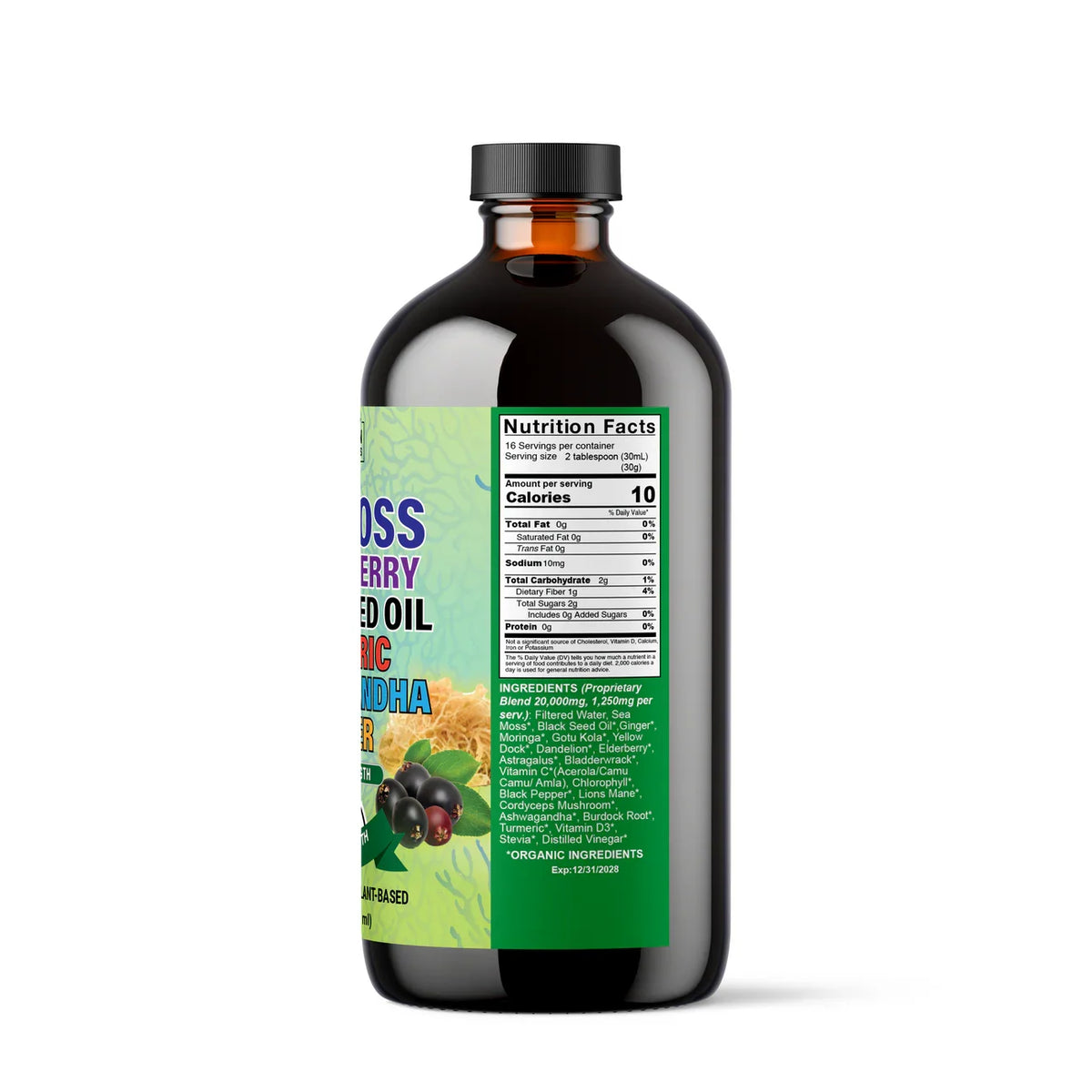 Side of a sea moss supplement bottle showing nutrition facts and ingredients