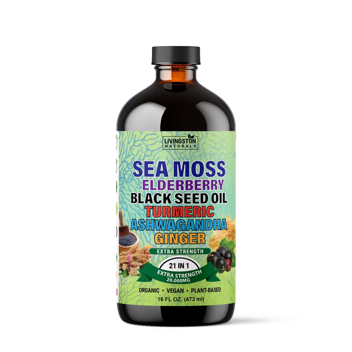 Front of a sea moss supplement bottle with a green label and black cap