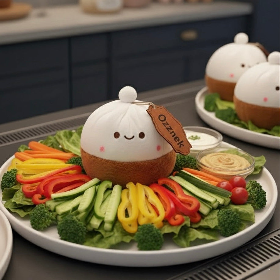 Soup dumpling plush toy with white top, brown base, and embroidered smiling face