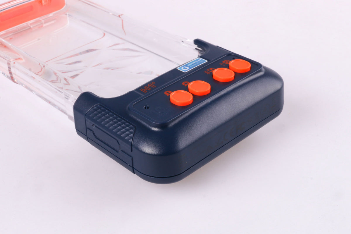Top view of waterproof phone case with dark base, clear cover, and orange buttons.
