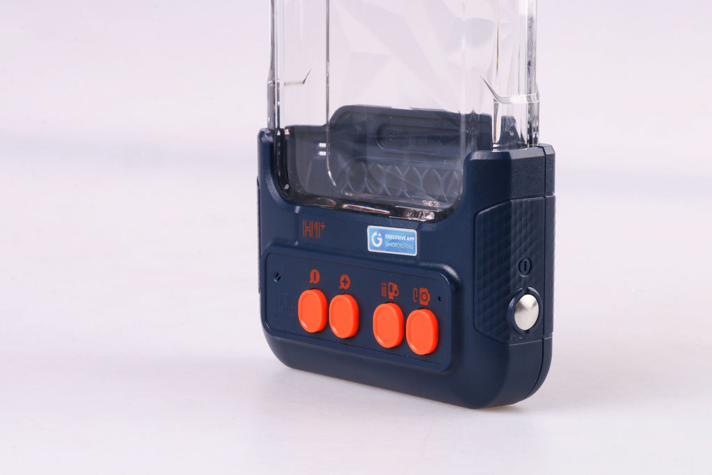 Navy waterproof phone case with clear front window and orange control buttons.