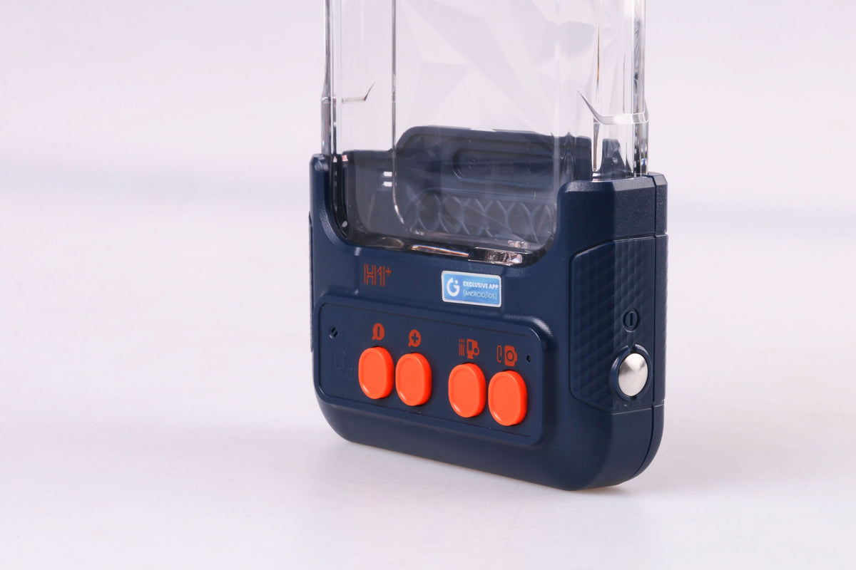Navy waterproof phone case with clear front window and orange control buttons.