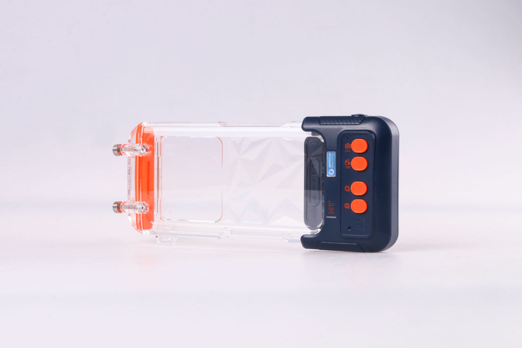 Clear waterproof phone case with dark control panel and orange buttons, shown side view.