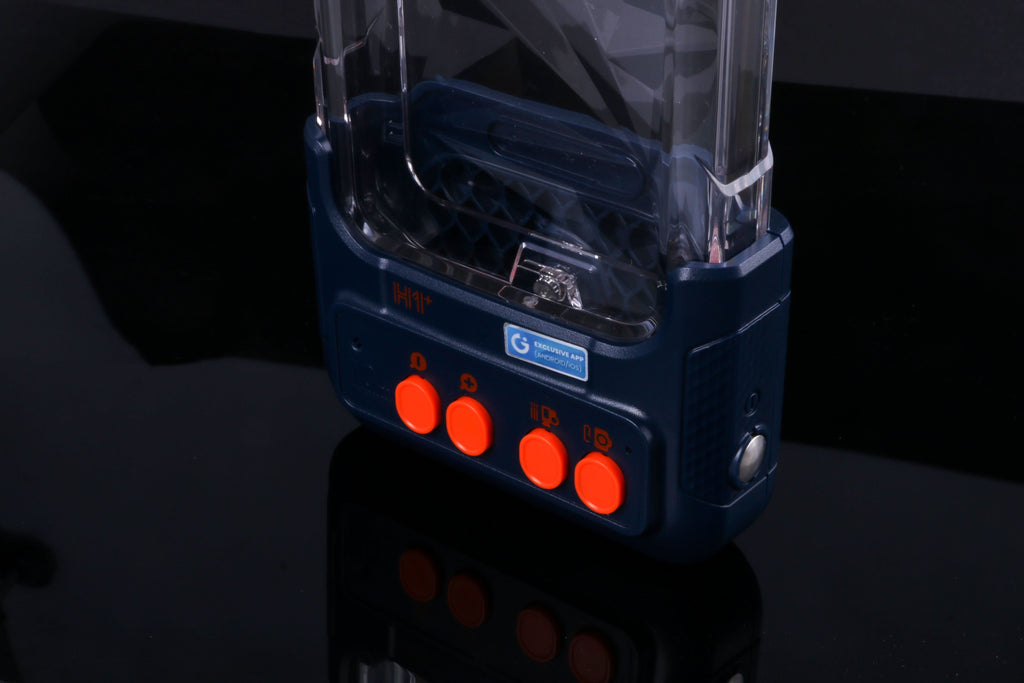 Close-up of navy waterproof phone case with clear window and orange button panel.