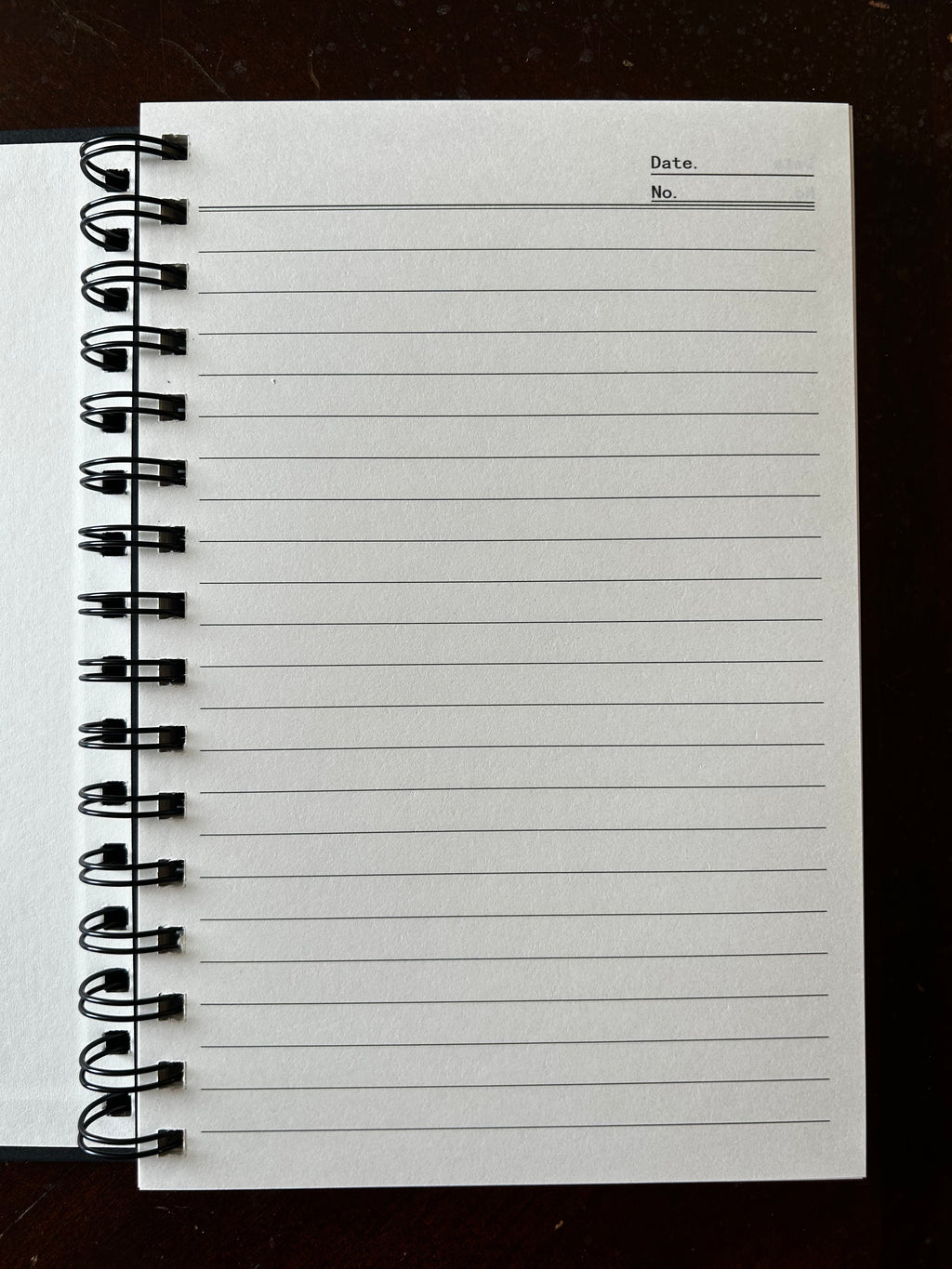 Close-up of white lined notebook page with spiral rings, Date and No. lines