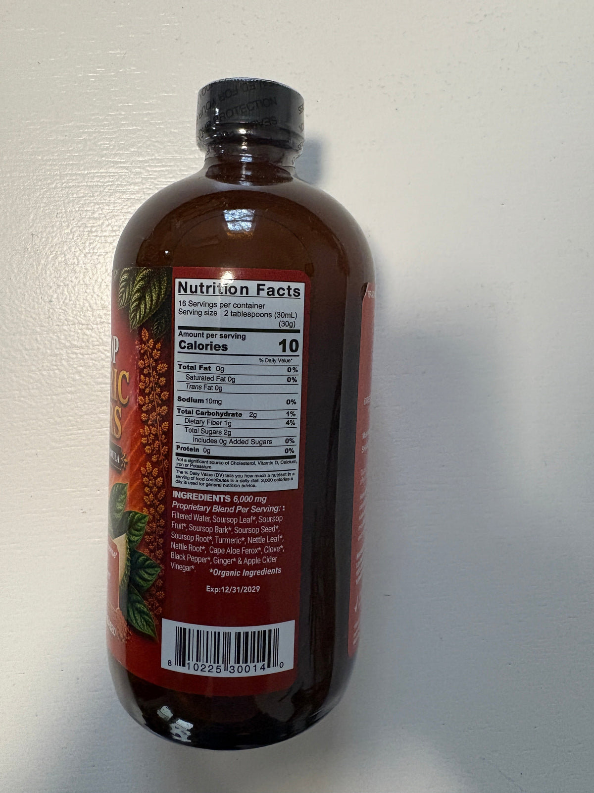 Soursop turmeric bitters bottle showing nutrition facts and barcode