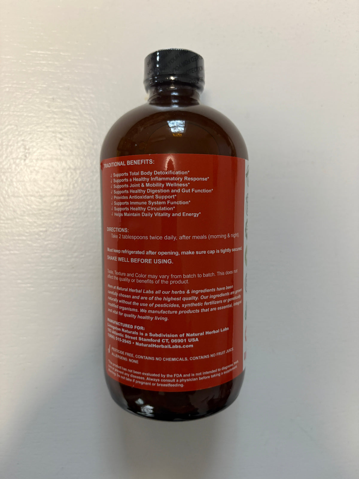Back of amber soursop turmeric bitters bottle with ingredients and directions label