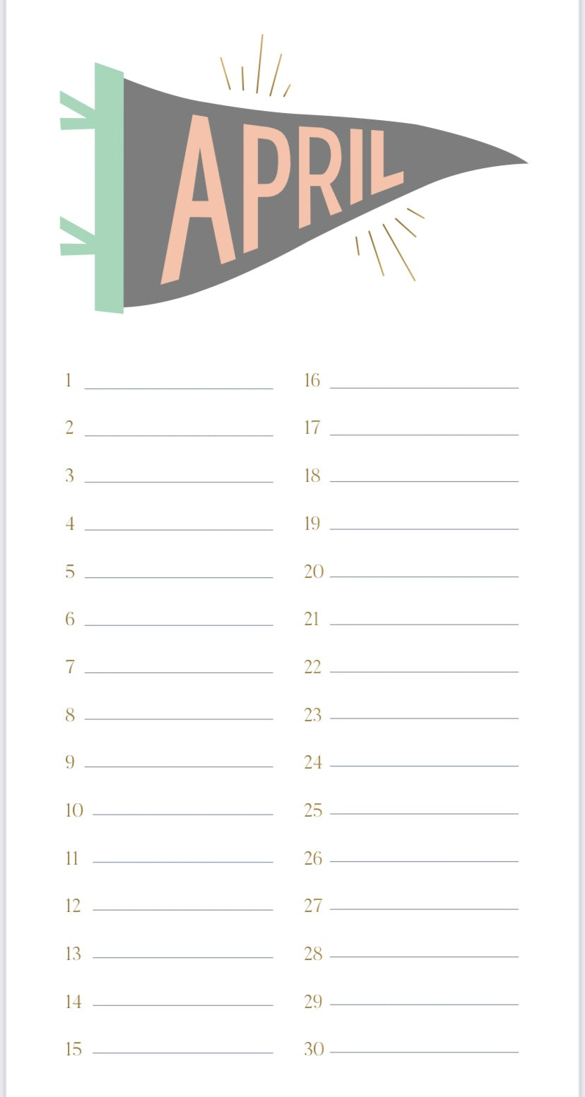 April calendar page with numbered date lines and festive banner header