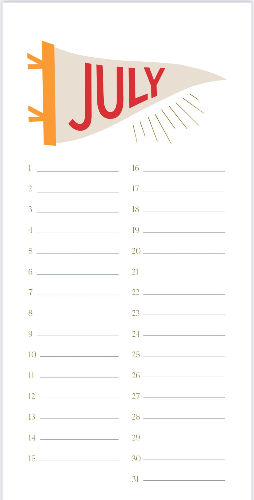 July calendar page with colored banner header and numbered date lines