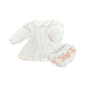 White cotton ruffle dress and bloomer set with peach picot trim