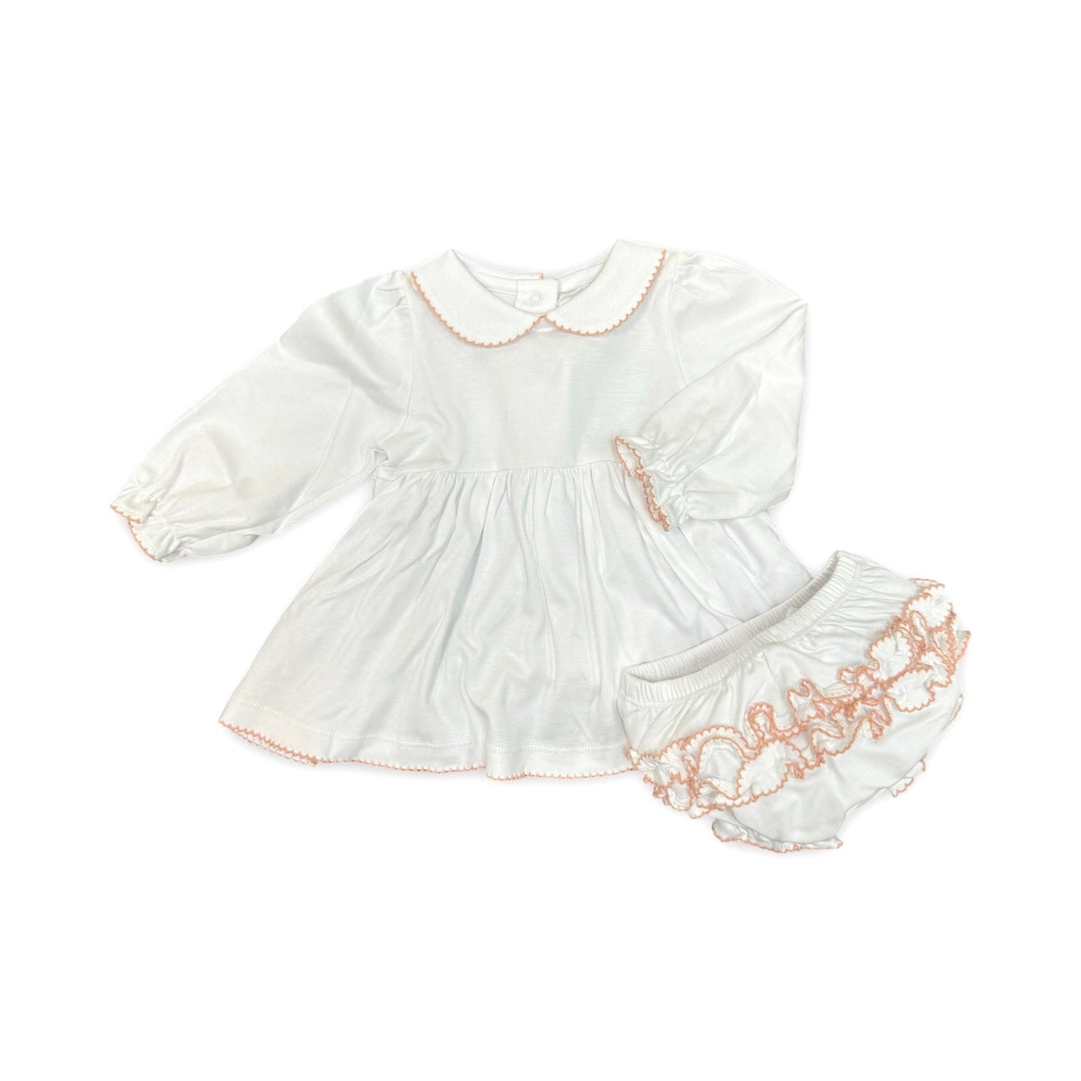 White cotton ruffle dress and bloomer set with peach picot trim