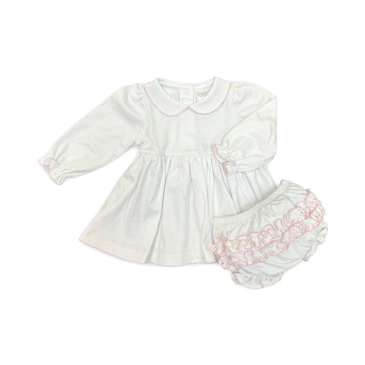 Cotton ruffle dress and bloomer set with pink picot trim, long puff sleeves