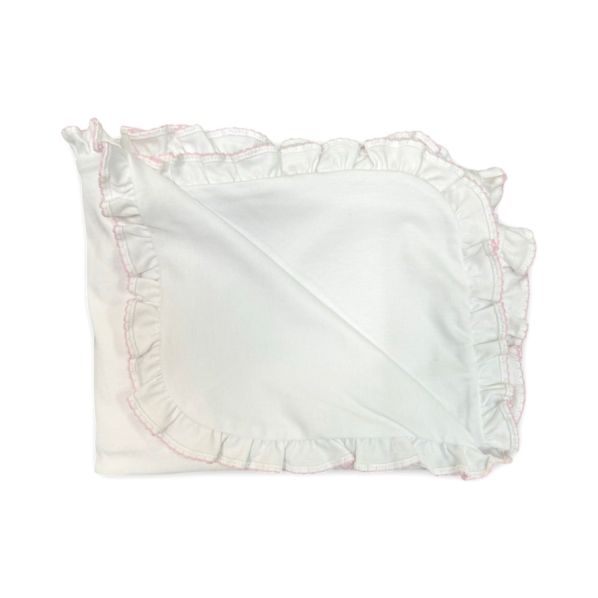White cotton ruffle blanket with pink picot trim and scalloped edge
