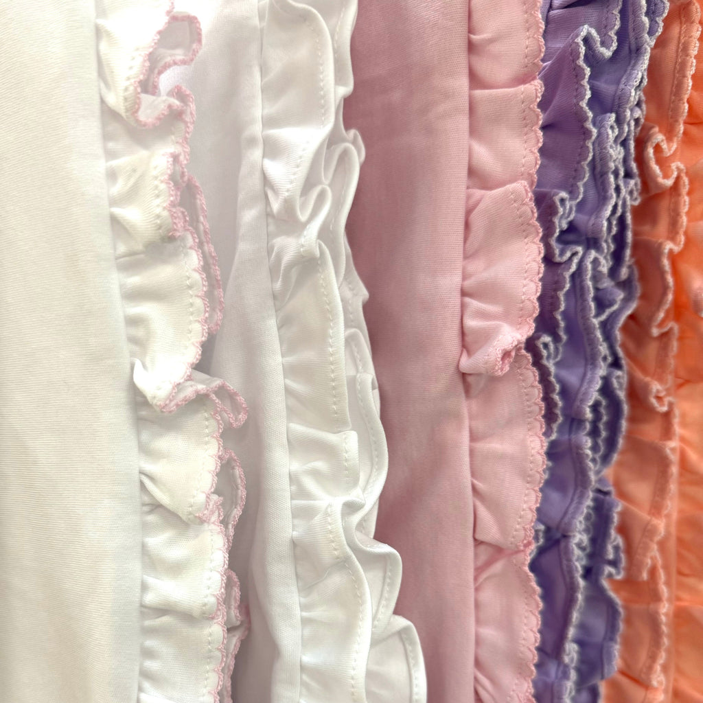 Ruffle-trim blanket edging with layered picot details in white, pink, purple, orange