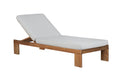 Teak chaise lounge with gray fabric seat cushion and matching backrest