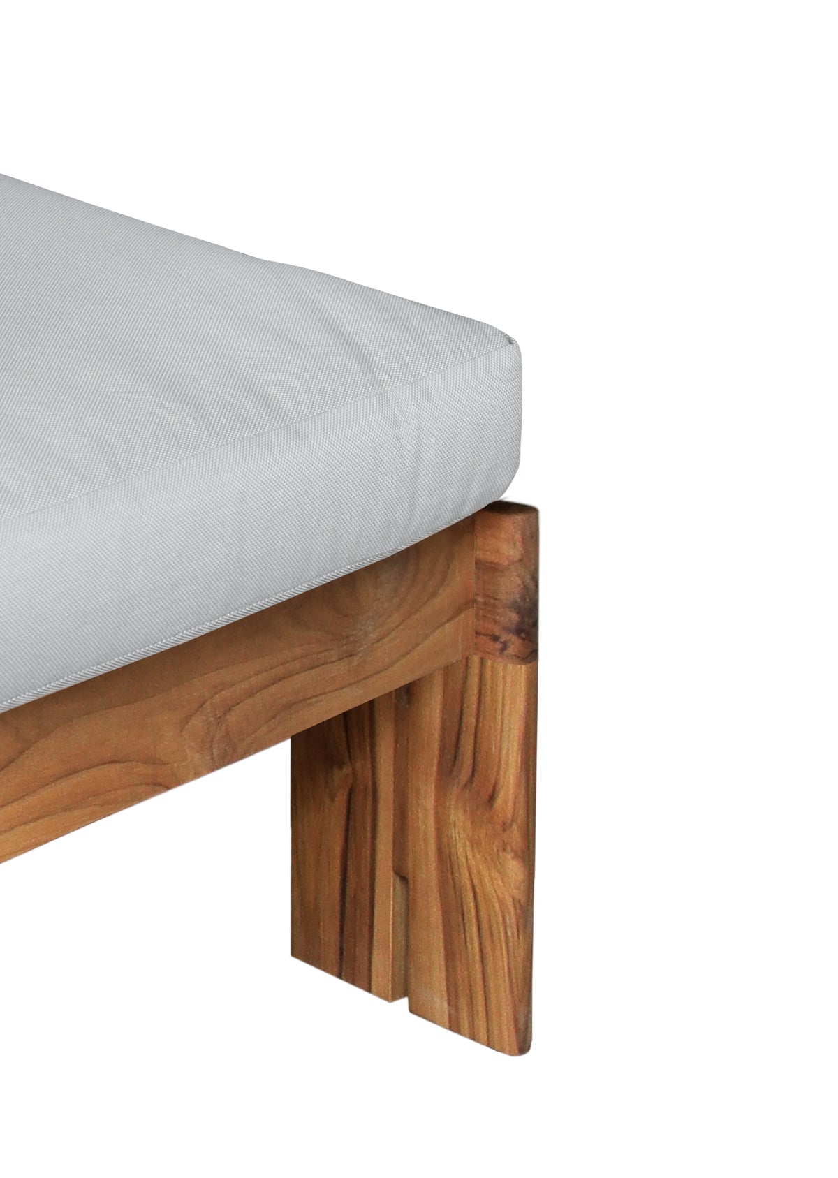 Gray chaise cushion with teak side frame and corner leg detail