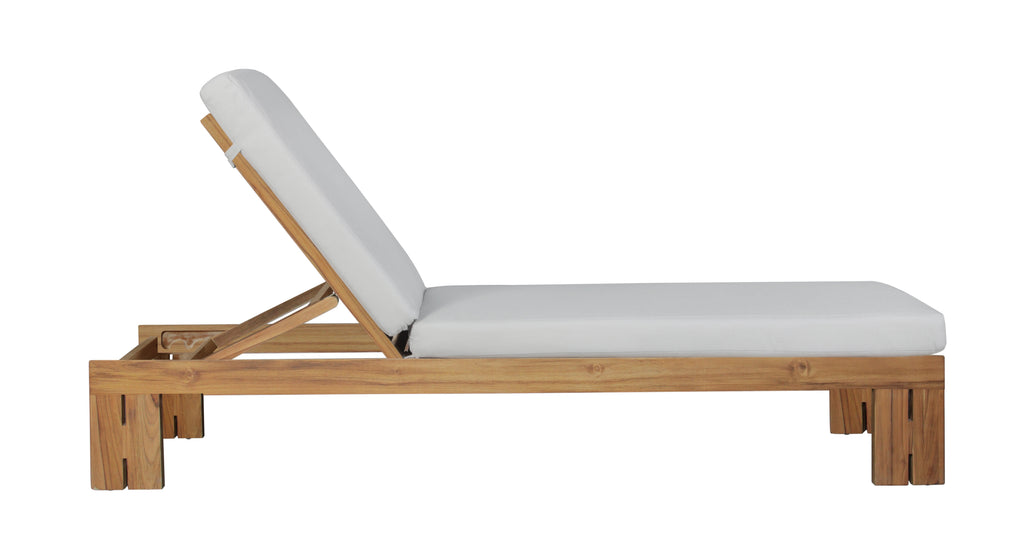 Teak chaise lounge with gray cushion and reclining backrest