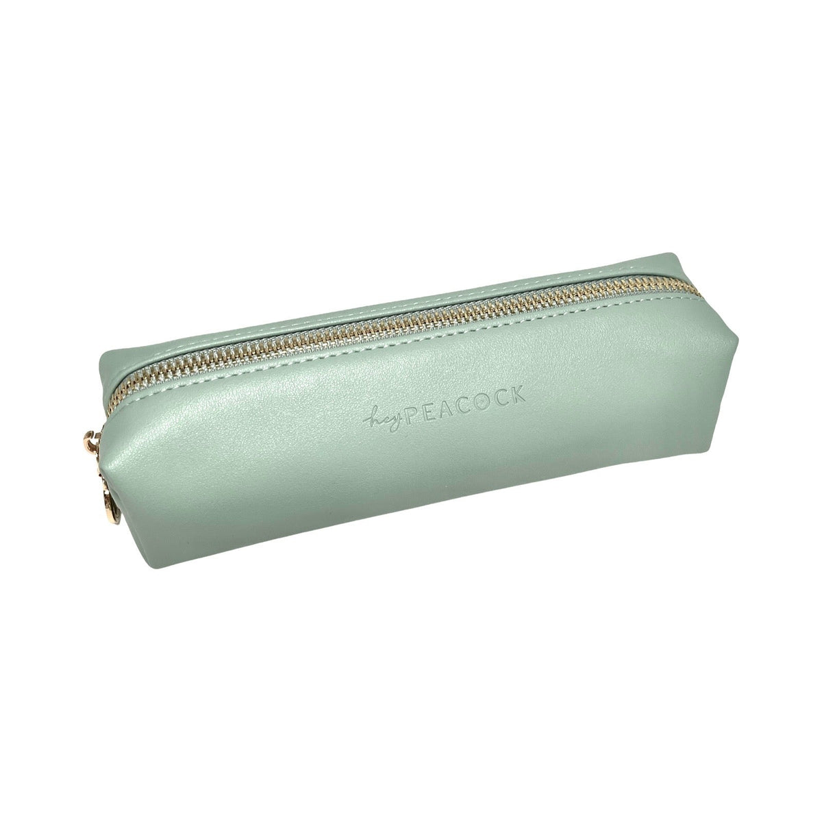Soft jade HeyPeacock faux leather pencil pouch with gold zipper and front logo