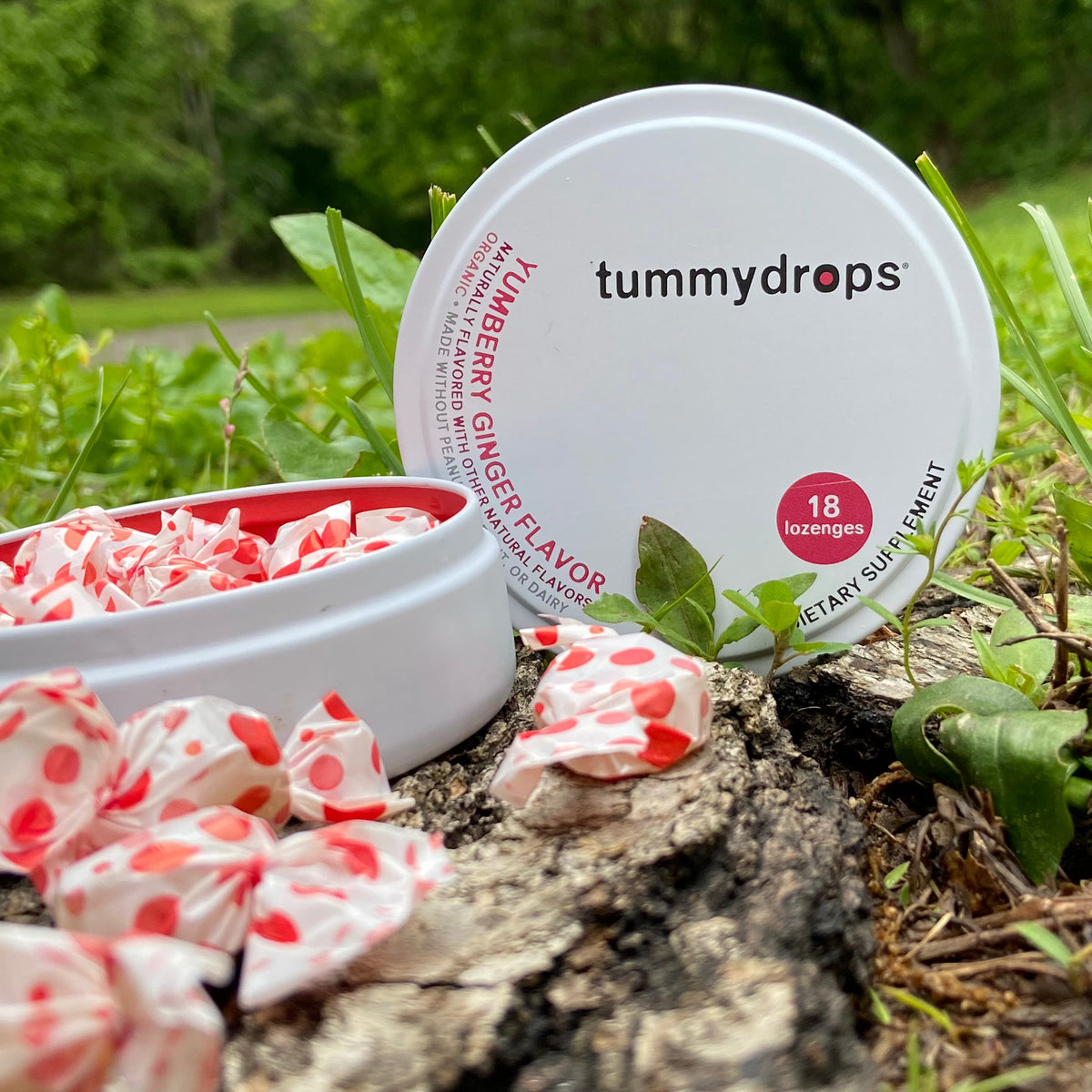 Organic ginger yumberry lozenges tin with red-and-white wrapped lozenges