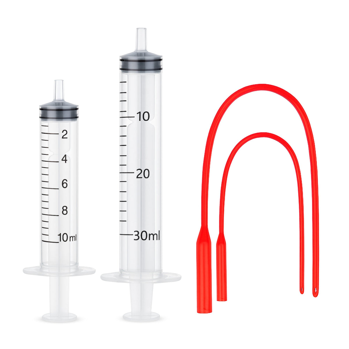 Two clear feeding syringes with red U-shaped tubes, 10ml and 30ml markings